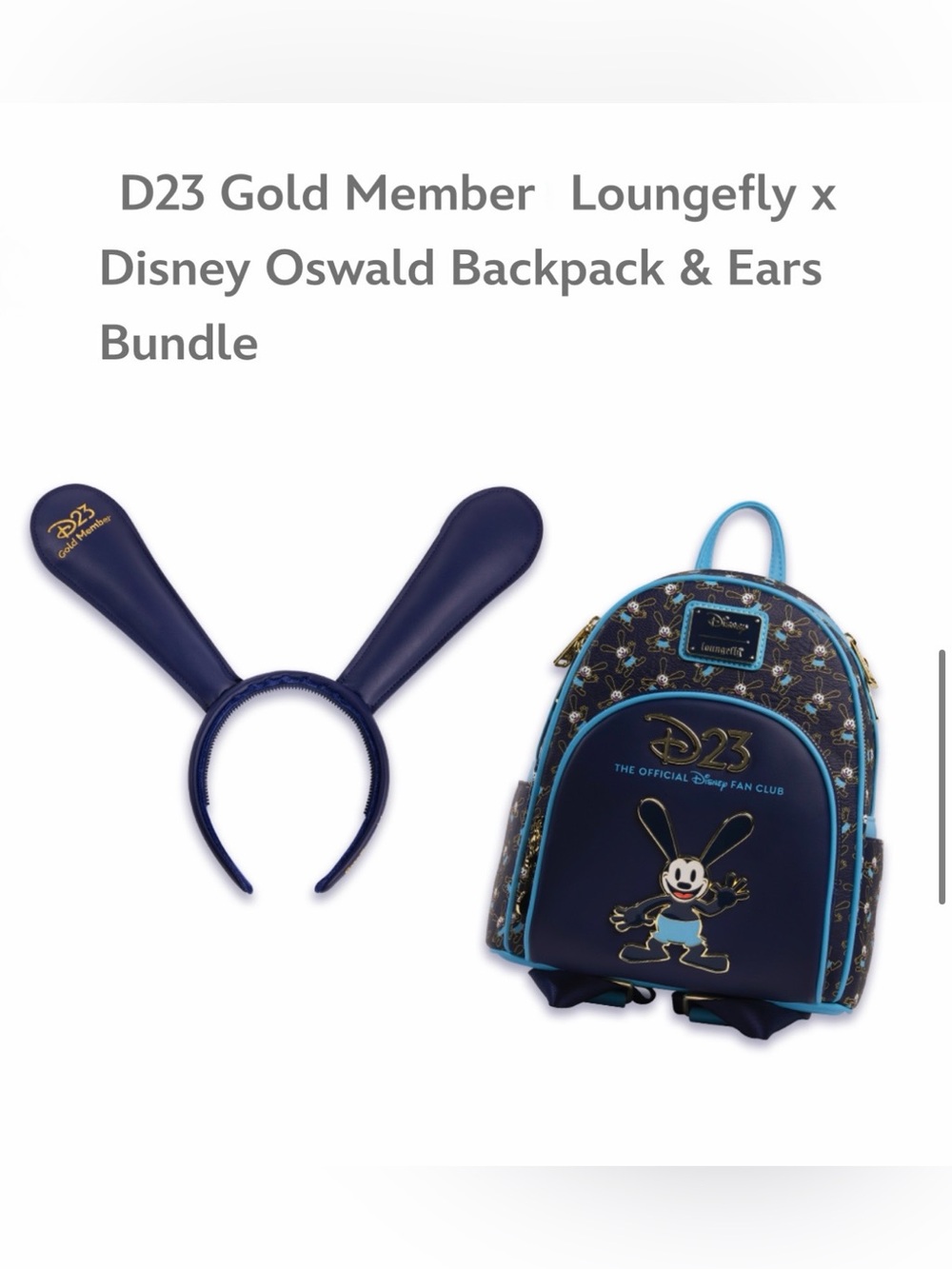NEW D23 DISNEY LOUNGEFLY GOLD MEMBER EXCLUSIVE OSWALD BACKPACK & MATCHING EARS